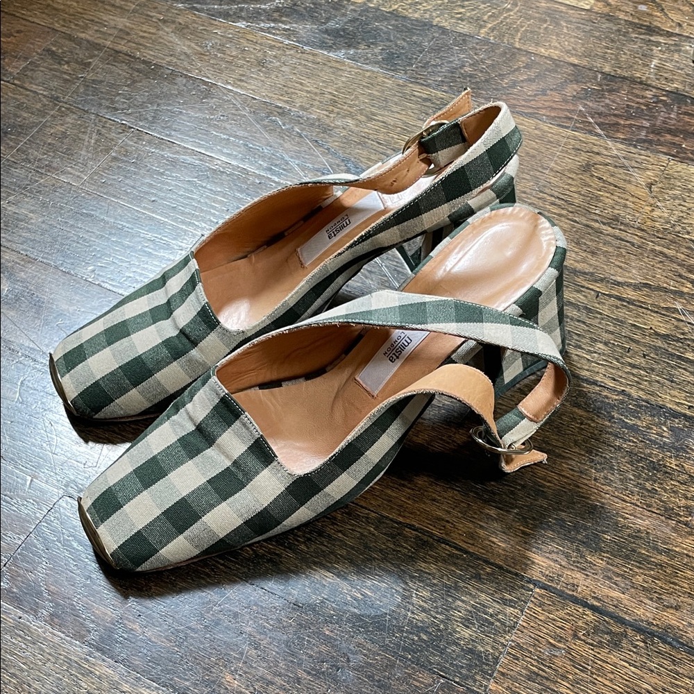 Miista Green Checkered Slingback Heels